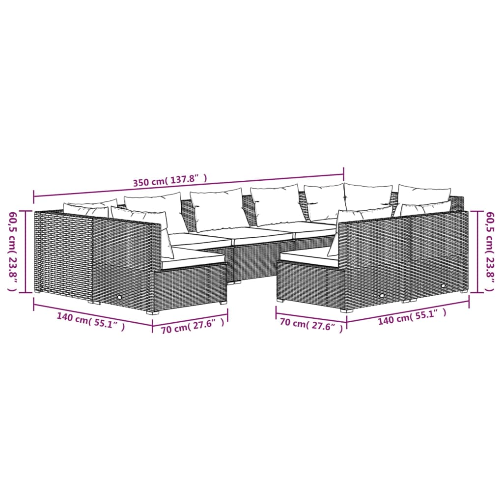 9 pcs conjunto lounge jardim c/ almofadões vime PE castanho