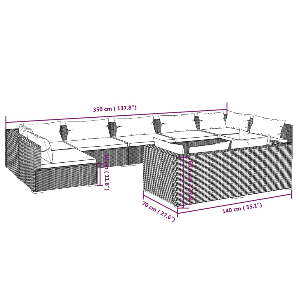 9 pcs conjunto lounge jardim c/ almofadões vime PE castanho