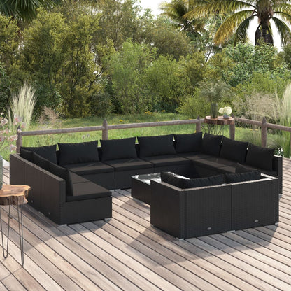 12 pcs conjunto lounge de jardim c/ almofadões vime PE preto