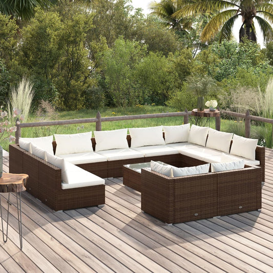 12 pcs conjunto lounge jardim c/ almofadões vime PE castanho