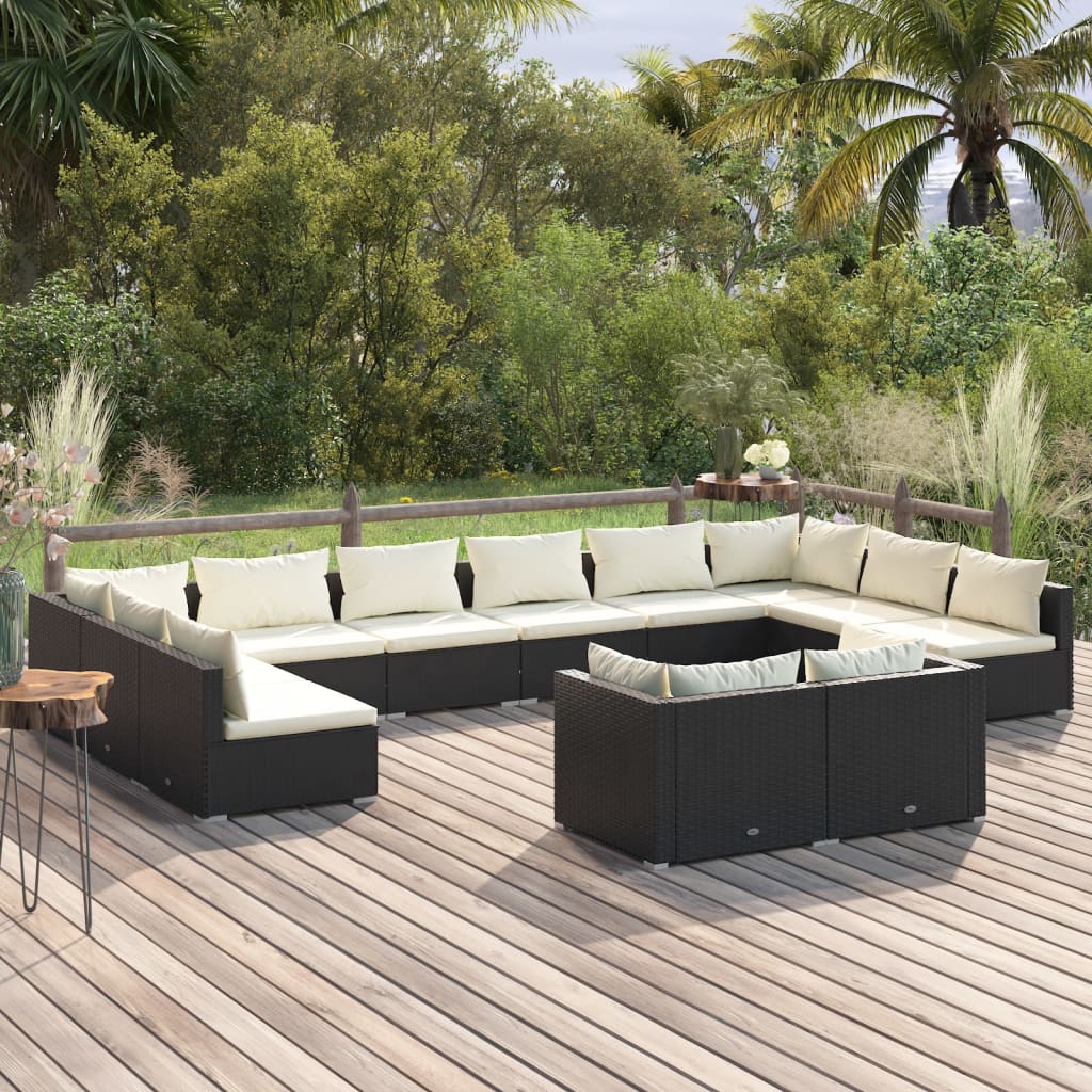 12 pcs conjunto lounge de jardim c/ almofadões vime PE preto