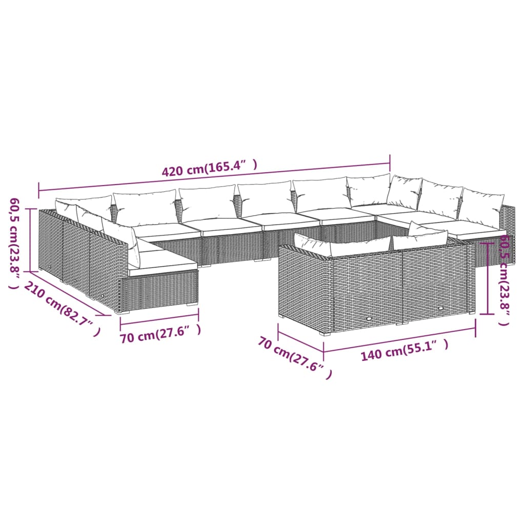 12 pcs conjunto lounge de jardim c/ almofadões vime PE cinzento