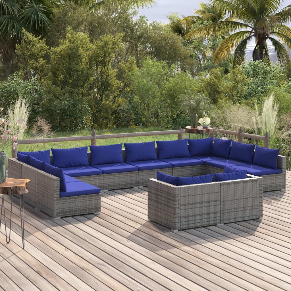 12 pcs conjunto lounge de jardim c/ almofadões vime PE cinzento