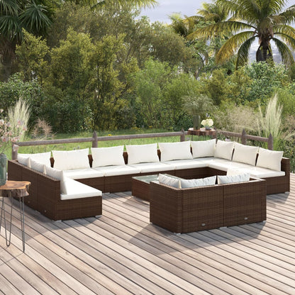 13 pcs conjunto lounge jardim c/ almofadões vime PE castanho