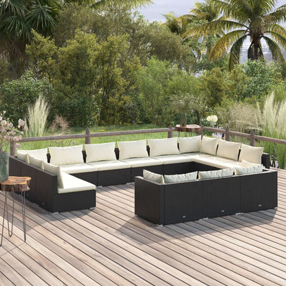 13 pcs conjunto lounge de jardim c/ almofadões vime PE preto