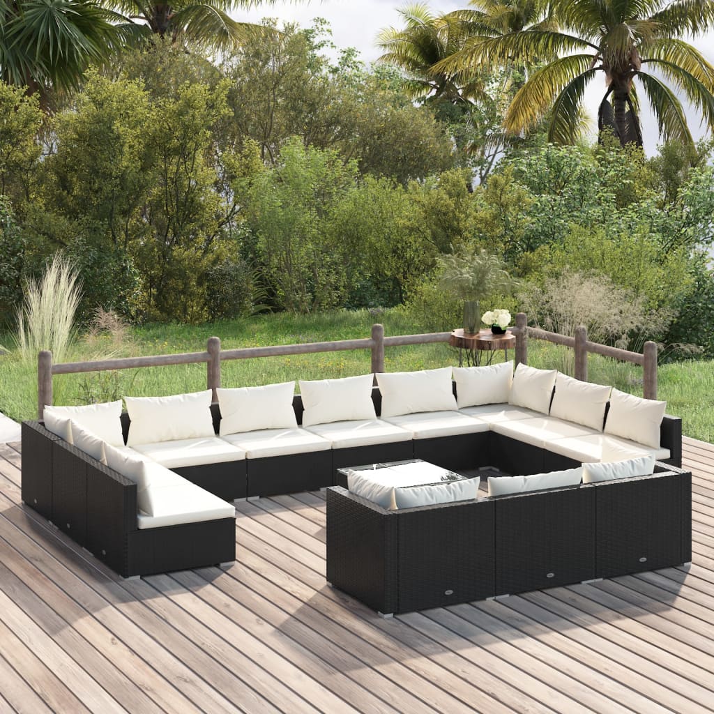 14 pcs conjunto lounge de jardim c/ almofadões vime PE preto