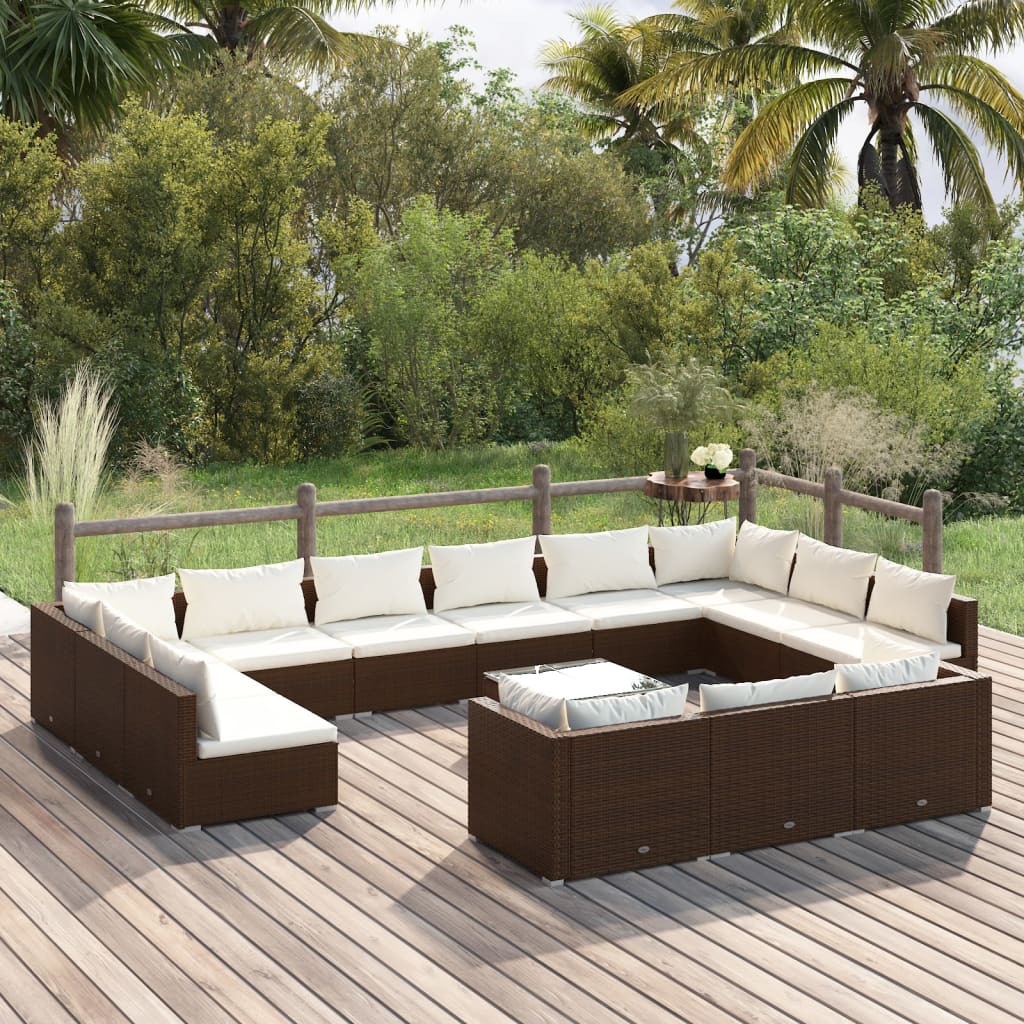 14 pcs conjunto lounge de jardim c/ almofadões vime PE castanho