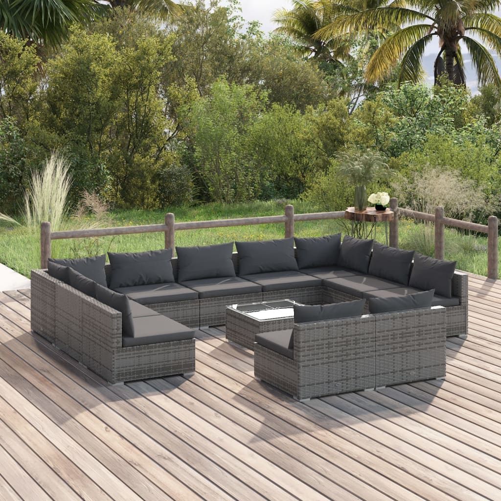 12 pcs conjunto lounge de jardim c/ almofadões vime PE cinzento