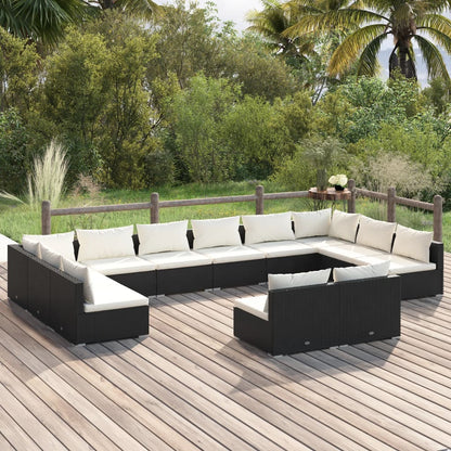 12 pcs conjunto lounge de jardim c/ almofadões vime PE preto