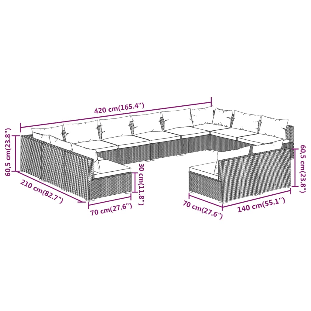 12 pcs conjunto lounge de jardim c/ almofadões vime PE castanho