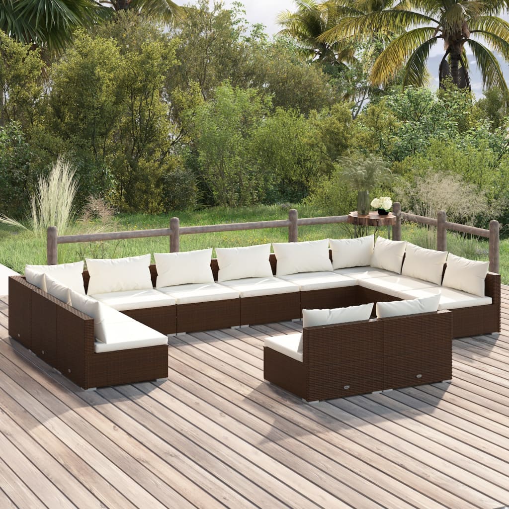 12 pcs conjunto lounge de jardim c/ almofadões vime PE castanho