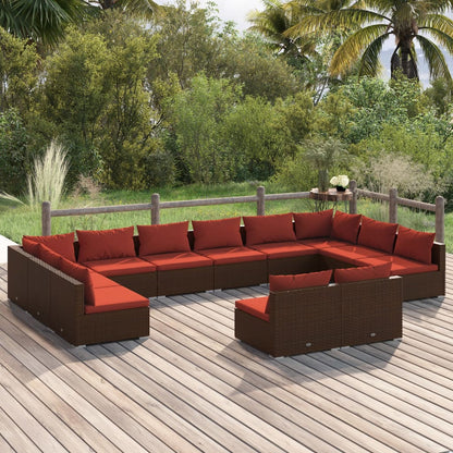 12 pcs conjunto lounge de jardim c/ almofadões vime PE castanho