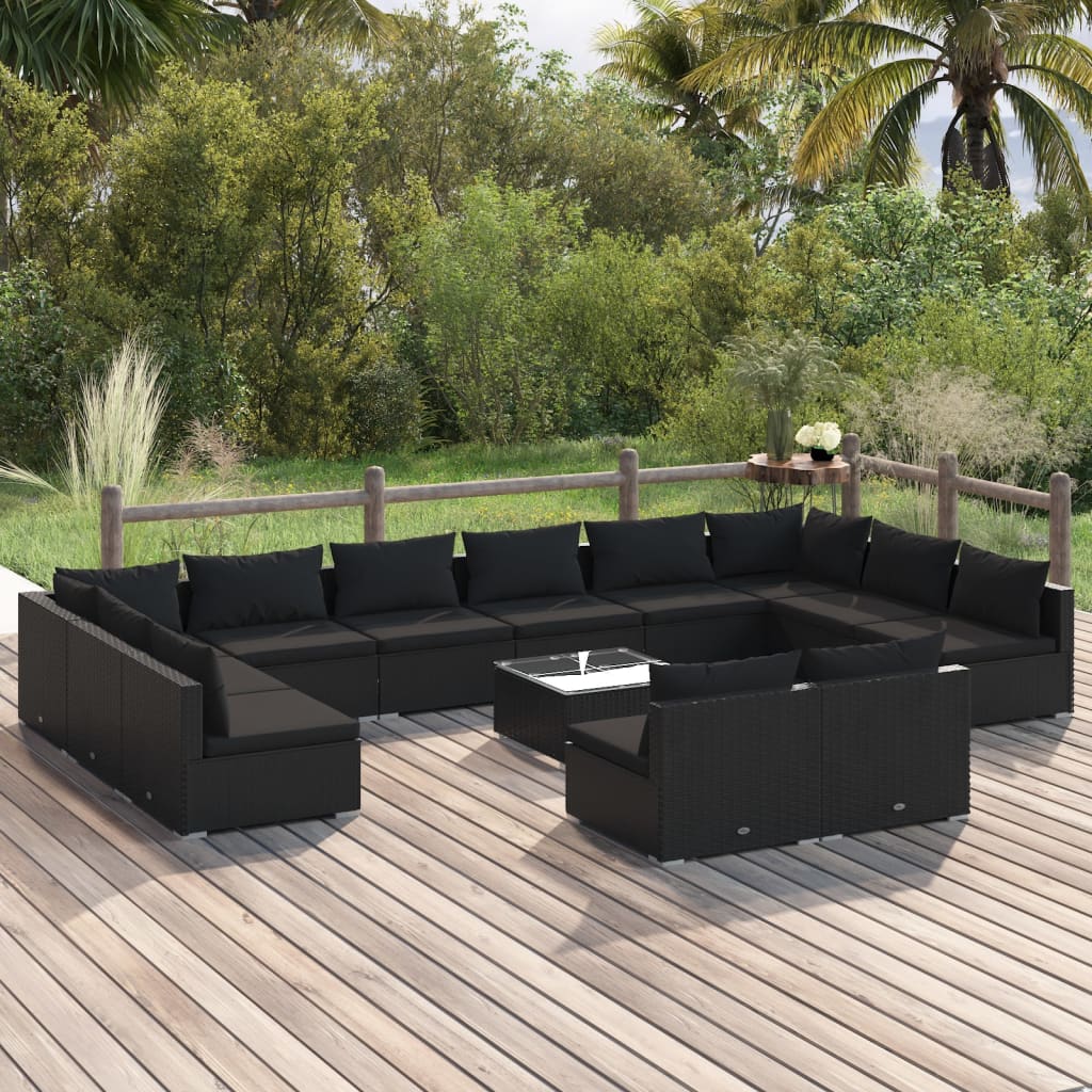 13 pcs conjunto lounge de jardim c/ almofadões vime PE preto