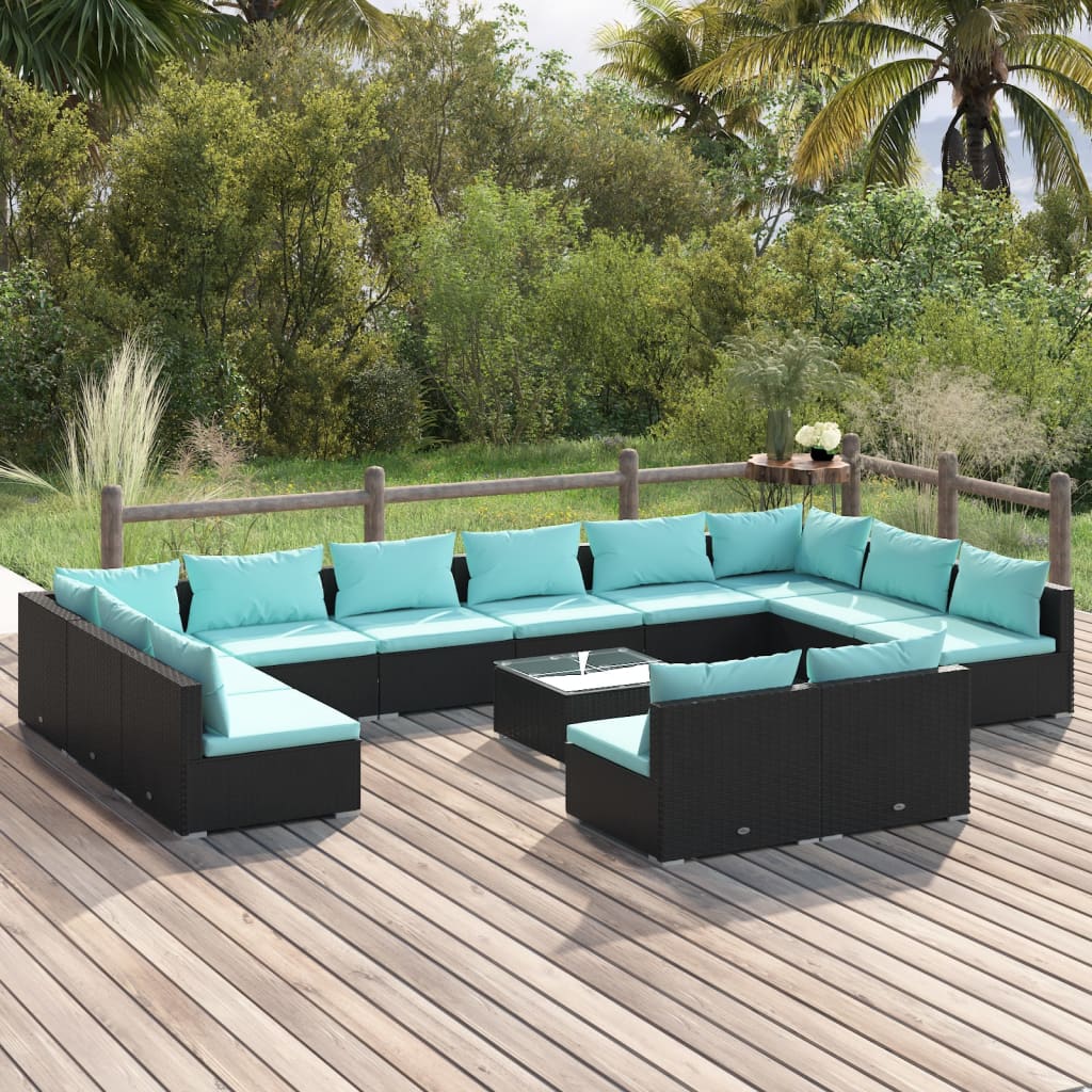 13 pcs conjunto lounge de jardim c/ almofadões vime PE preto