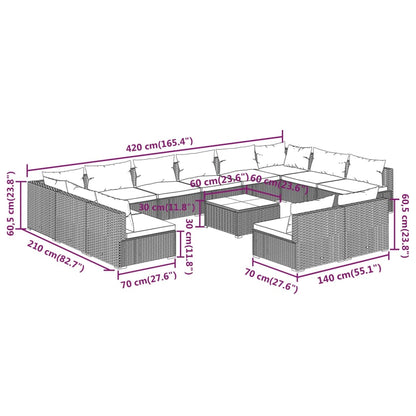 13 pcs conjunto lounge de jardim c/ almofadões vime PE cinzento