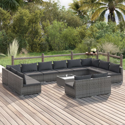 13 pcs conjunto lounge de jardim c/ almofadões vime PE cinzento