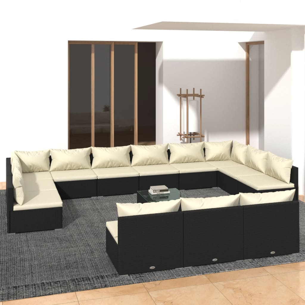 13 pcs conjunto lounge de jardim c/ almofadões vime PE preto