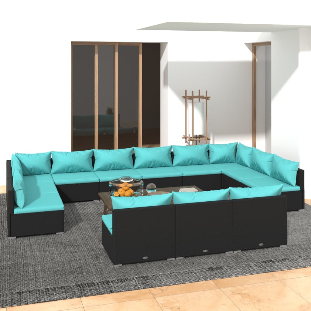 13 pcs conjunto lounge de jardim c/ almofadões vime PE preto