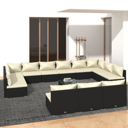 14 pcs conjunto lounge de jardim c/ almofadões vime PE preto