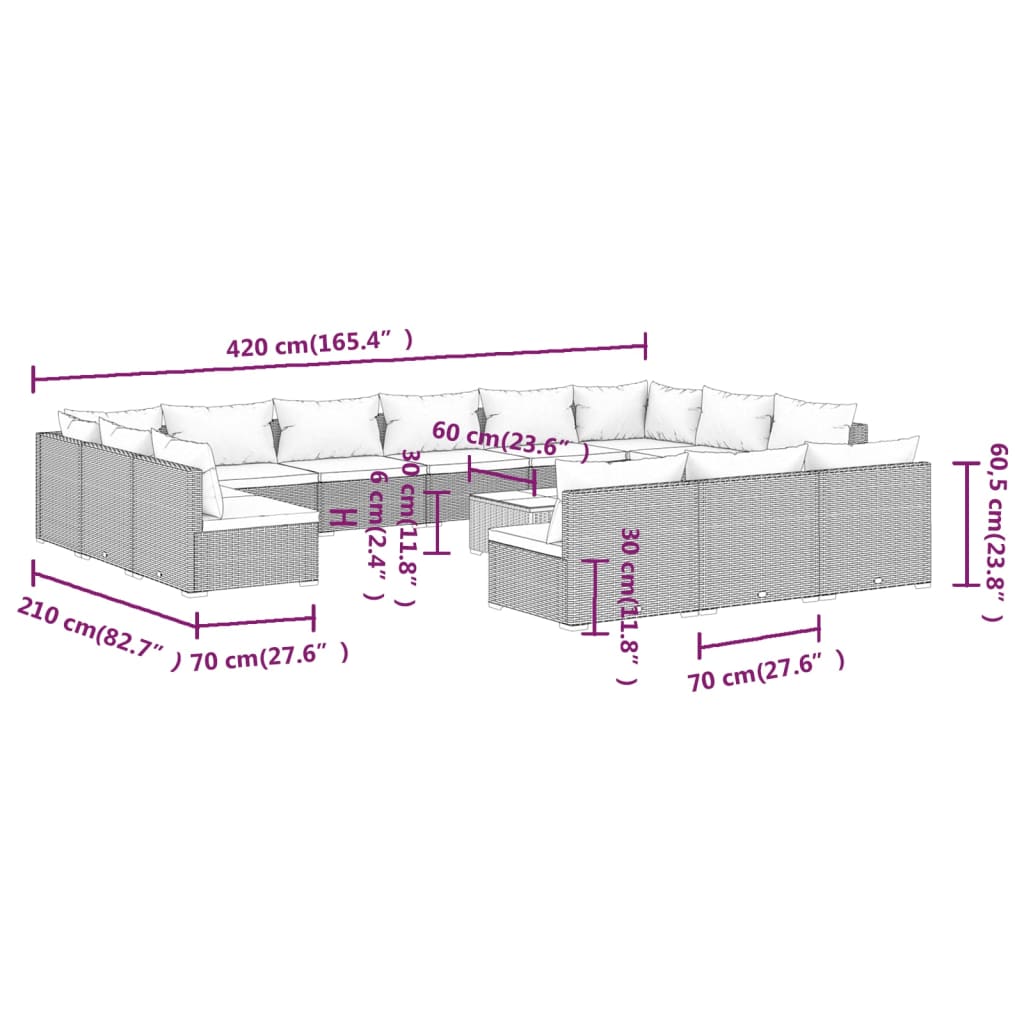 14 pcs conjunto lounge de jardim c/ almofadões vime PE cinzento