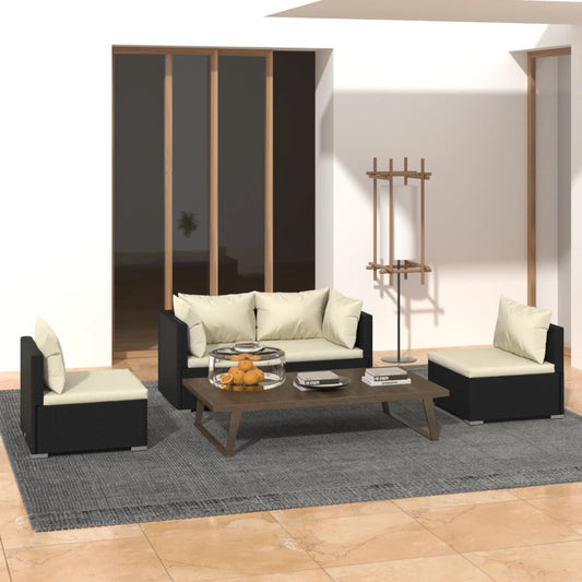 4 pcs conjunto lounge de jardim c/ almofadões vime PE preto