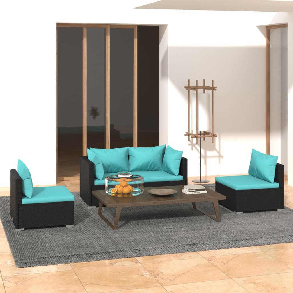 4 pcs conjunto lounge de jardim c/ almofadões vime PE preto