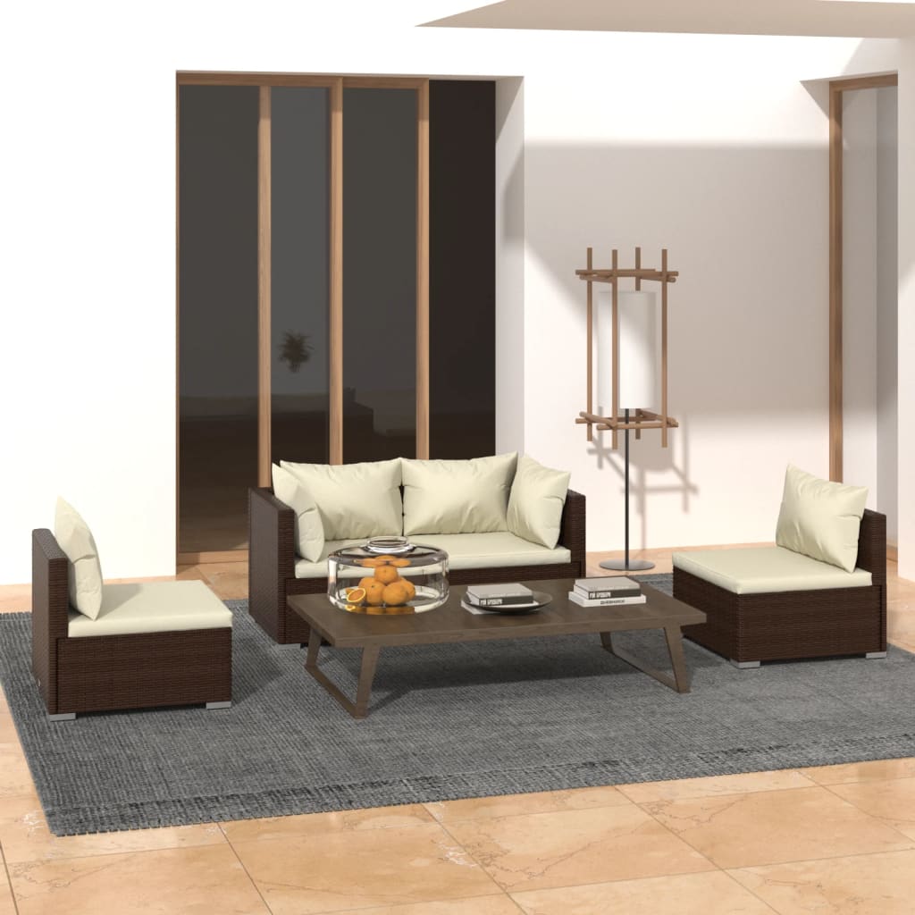 4 pcs conjunto lounge jardim c/ almofadões vime PE castanho