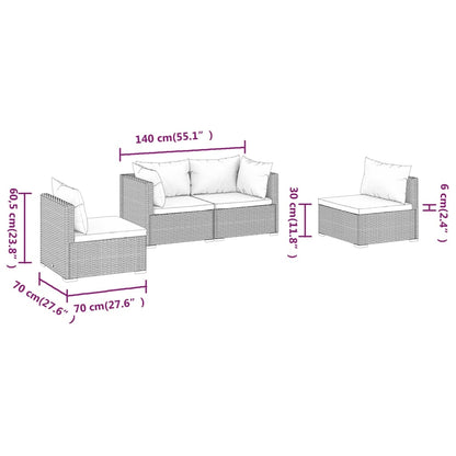 4 pcs conjunto lounge de jardim c/ almofadões vime PE cinzento