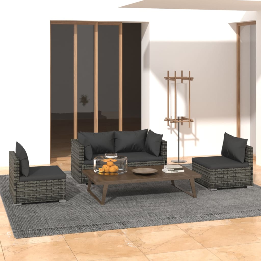 4 pcs conjunto lounge de jardim c/ almofadões vime PE cinzento