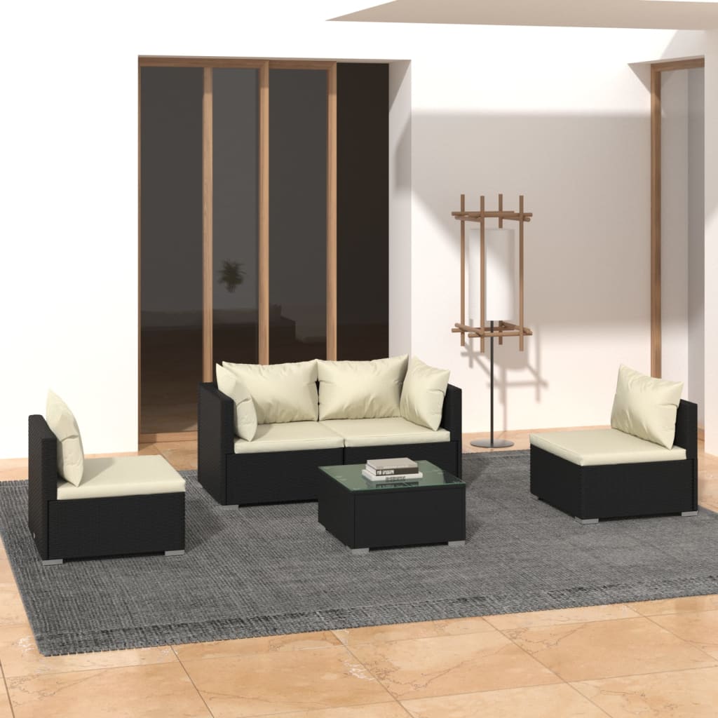 5 pcs conjunto lounge de jardim c/ almofadões vime PE preto