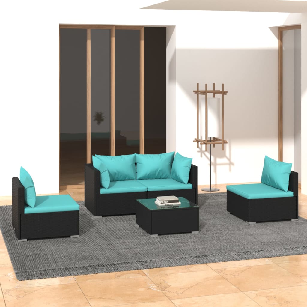 5 pcs conjunto lounge de jardim c/ almofadões vime PE preto