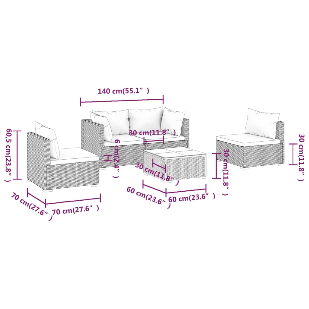 5 pcs conjunto lounge jardim c/ almofadões vime PE castanho