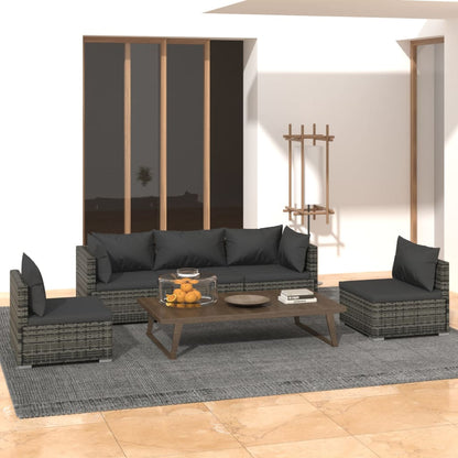 5 pcs conjunto lounge de jardim c/ almofadões vime PE cinzento