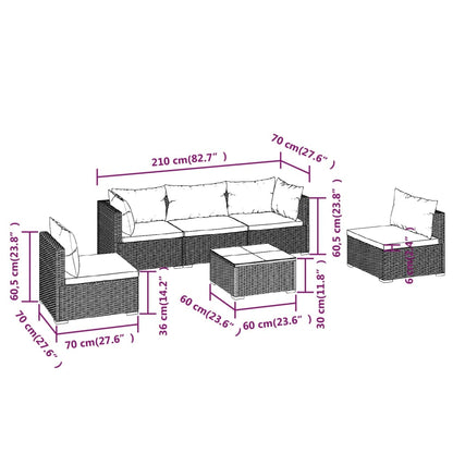 6 pcs conjunto lounge de jardim c/ almofadões vime PE preto