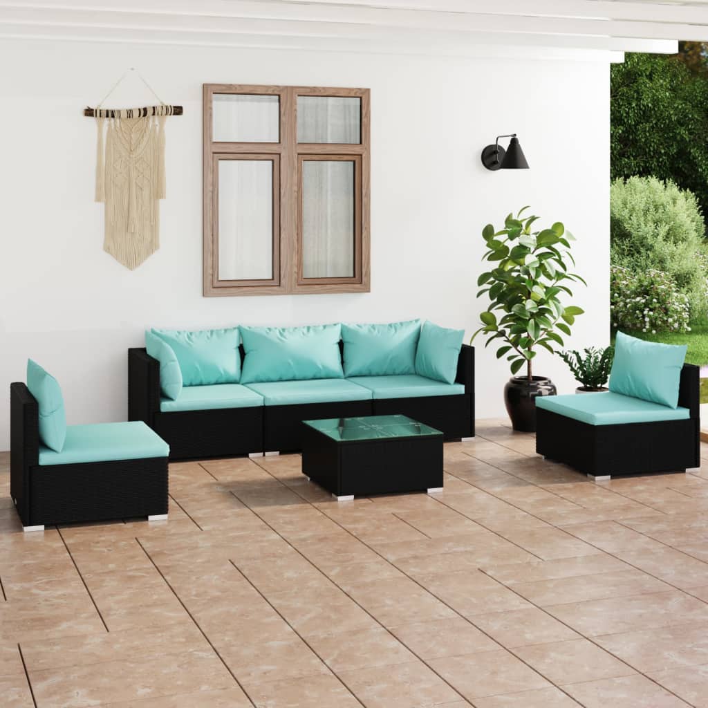 6 pcs conjunto lounge de jardim c/ almofadões vime PE preto