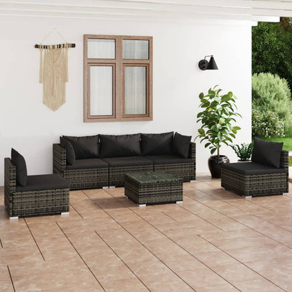 6 pcs conjunto lounge de jardim c/ almofadões vime PE cinzento