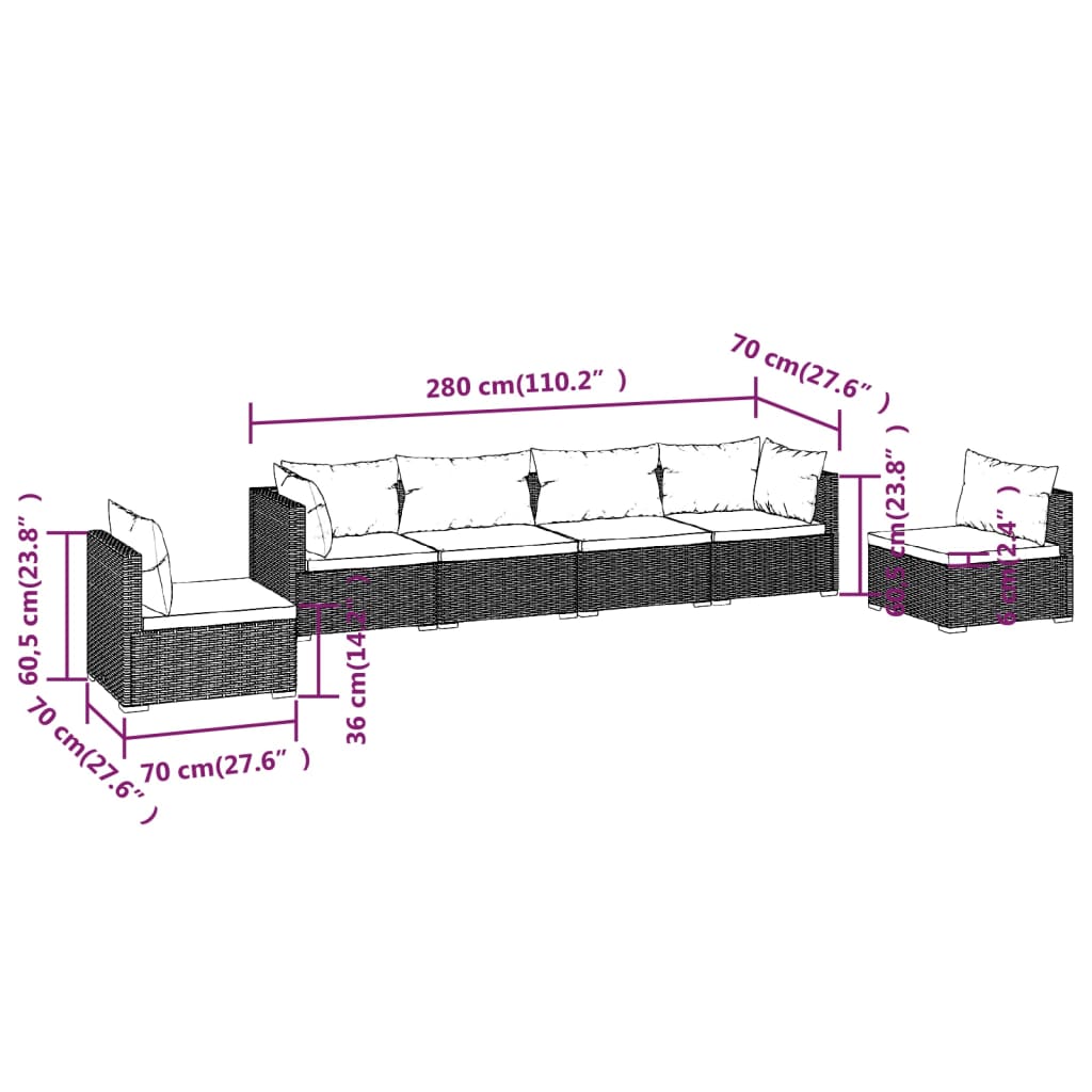 6 pcs conjunto lounge jardim c/ almofadões vime PE castanho