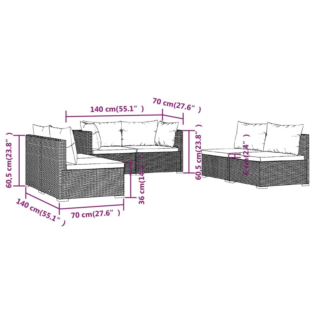 6 pcs conjunto lounge de jardim c/ almofadões vime PE castanho