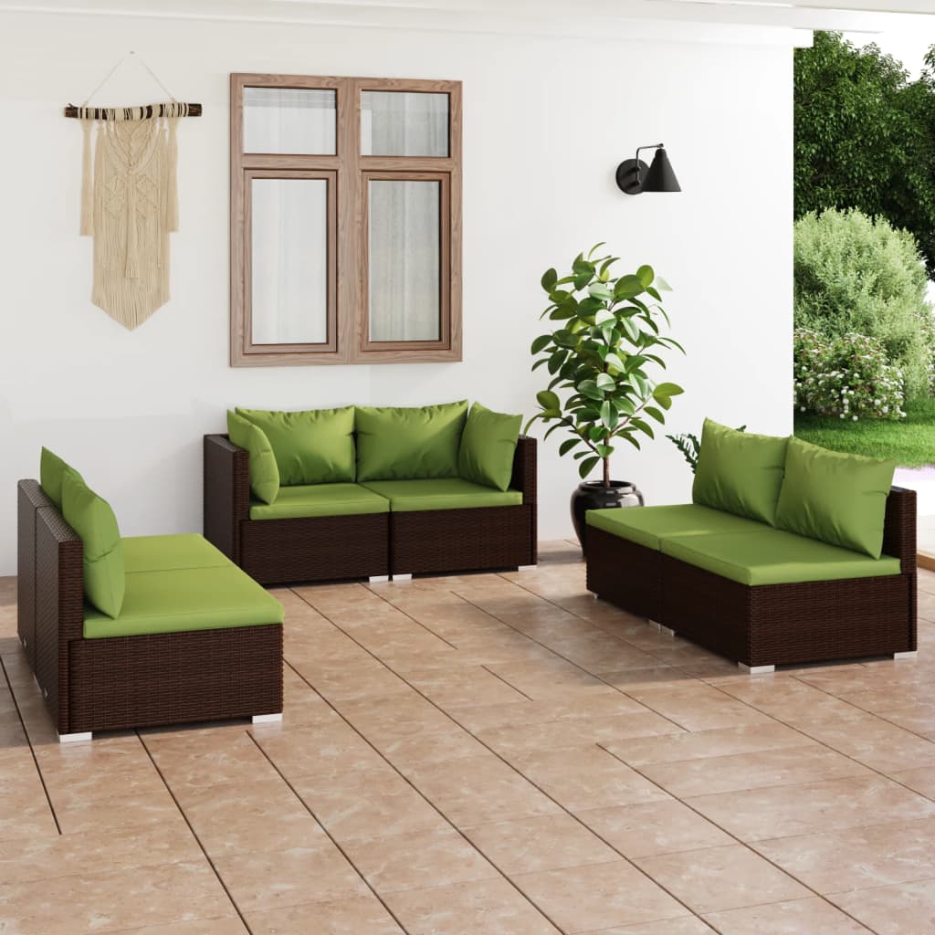 6 pcs conjunto lounge de jardim c/ almofadões vime PE castanho