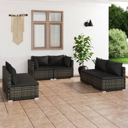 6 pcs conjunto lounge de jardim c/ almofadões vime PE cinzento