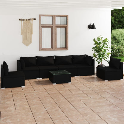 7 pcs conjunto lounge de jardim c/ almofadões vime PE preto