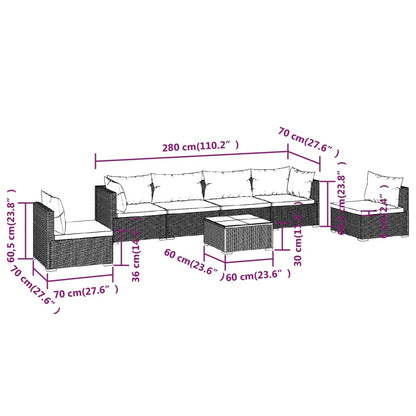 7 pcs conjunto lounge de jardim c/ almofadões vime PE preto