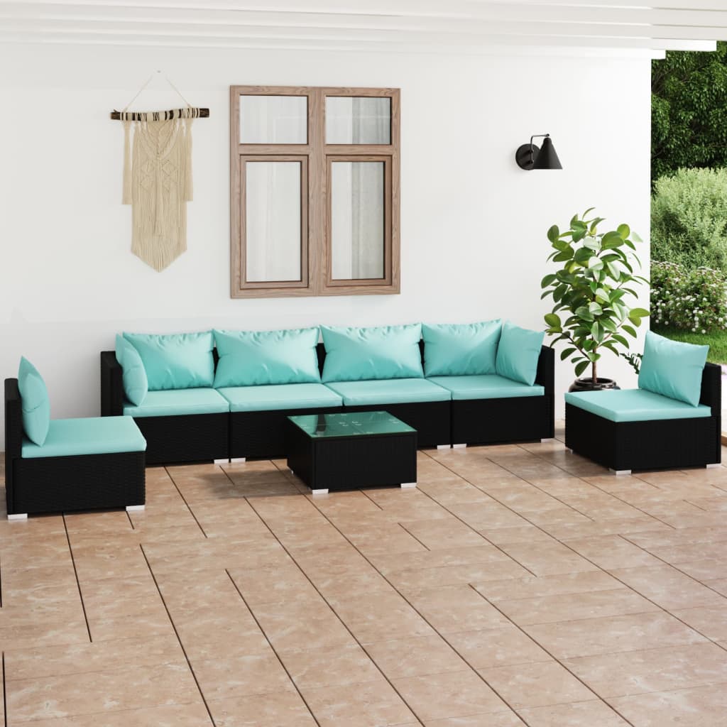 7 pcs conjunto lounge de jardim c/ almofadões vime PE preto