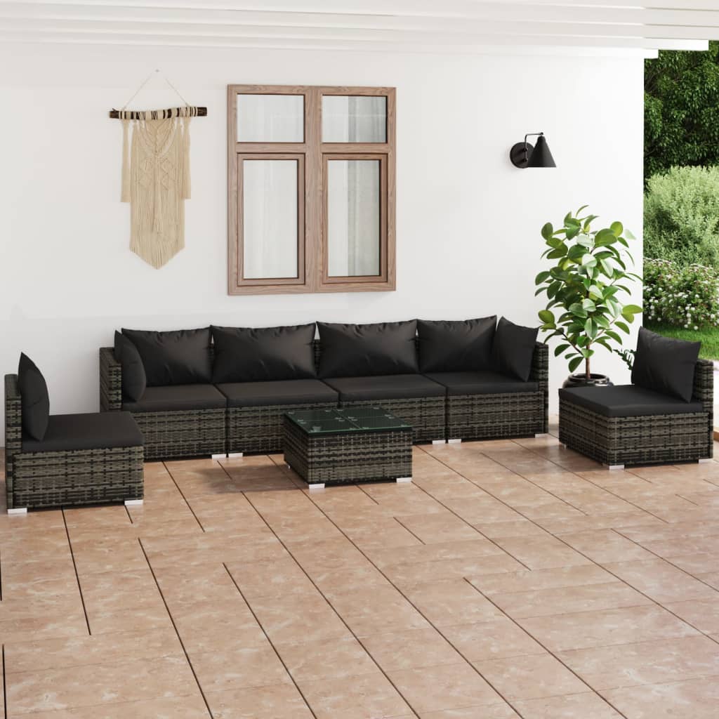 7 pcs conjunto lounge de jardim c/ almofadões vime PE cinzento