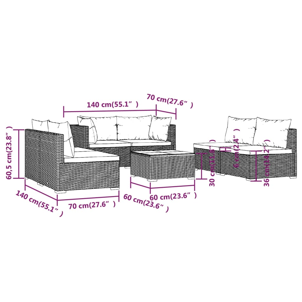 7 pcs conjunto lounge de jardim c/ almofadões vime PE preto