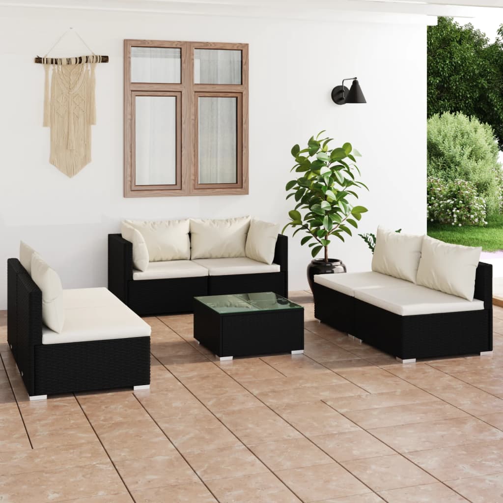 7 pcs conjunto lounge de jardim c/ almofadões vime PE preto