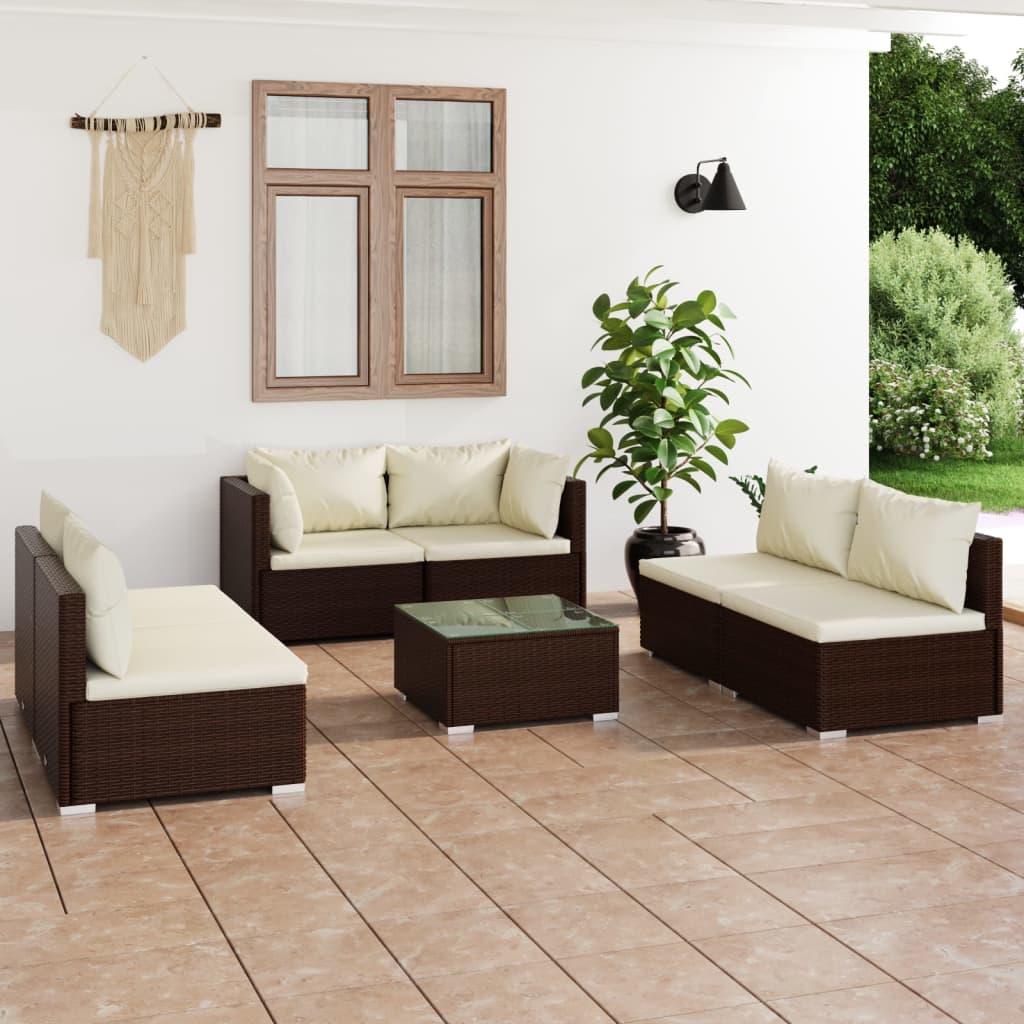 7 pcs conjunto lounge jardim c/ almofadões vime PE castanho