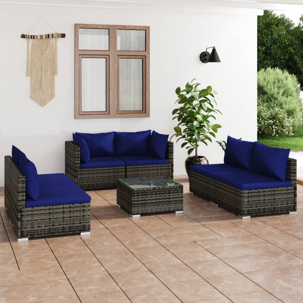 7 pcs conjunto lounge de jardim c/ almofadões vime PE cinzento