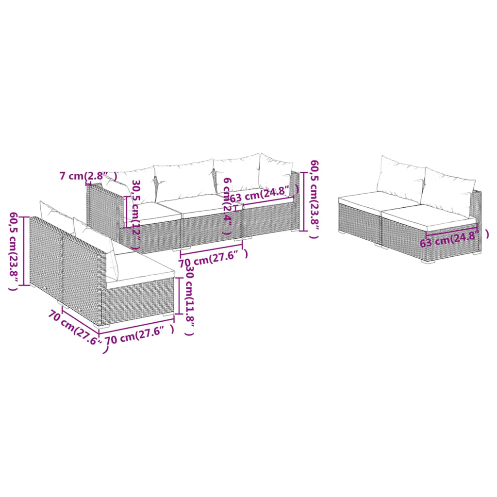 7 pcs conjunto lounge jardim c/ almofadões vime PE castanho