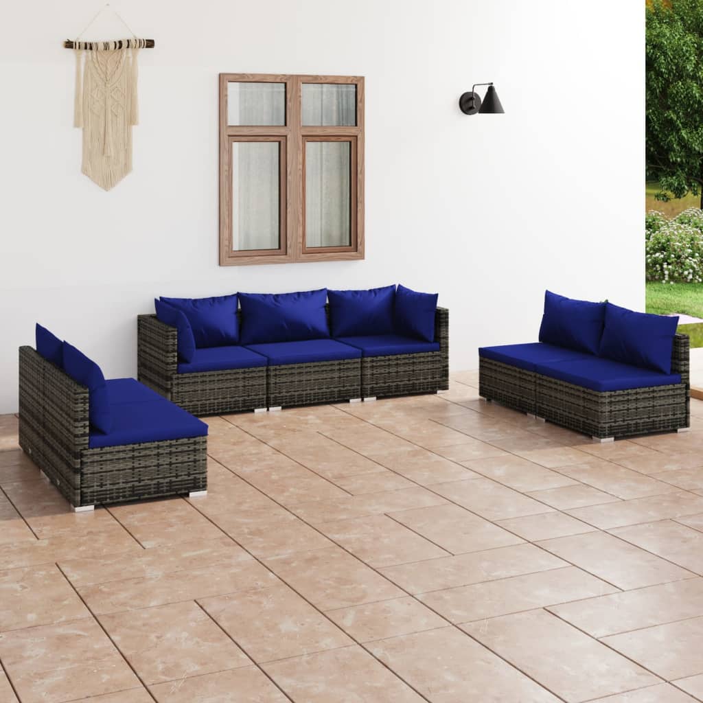 7 pcs conjunto lounge de jardim c/ almofadões vime PE cinzento